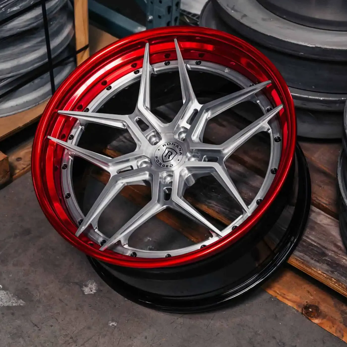 CHEVROLET CORVETTE ROHANA RFG5 3-Piece Wheel Size 19 Front 21 Rear Aircraft Gray w/ Candy Red Lip - Image 3